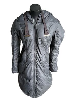 Tahari Hooded Long Quilted Puffer Jacket - Gray- 60% Down